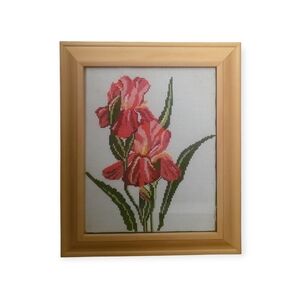 Floral Needlepoint Cross Stitch Art in Wooden Frame. 10.5 X 12 Inches